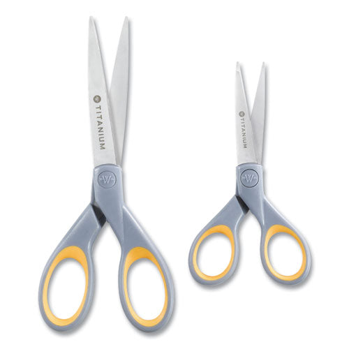 Titanium Bonded Scissors, 5" And 7" Long, 2.25" And 3.5" Cut Lengths, Gray/yellow Straight Handles, 2/pack