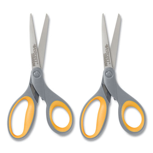 Titanium Bonded Scissors, 8" Long, 3.5" Cut Length, Gray/yellow Straight Handles, 2/pack