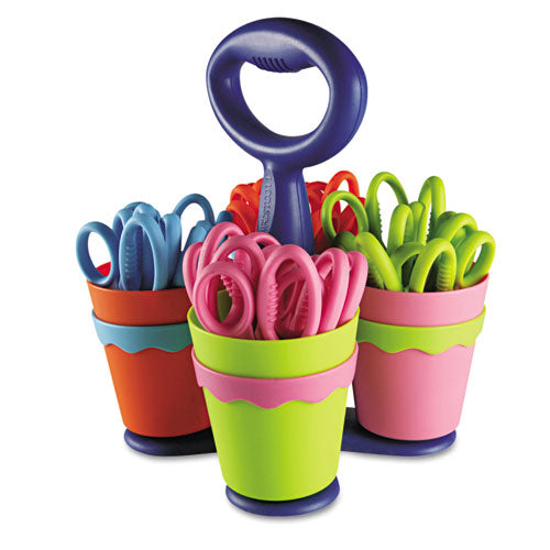 Scissor Caddy With Kids' Scissors, 5" Long, 2" Cut Length, Light Blue; Light Green; Pink; Yellow, Straight Handles, 24/set