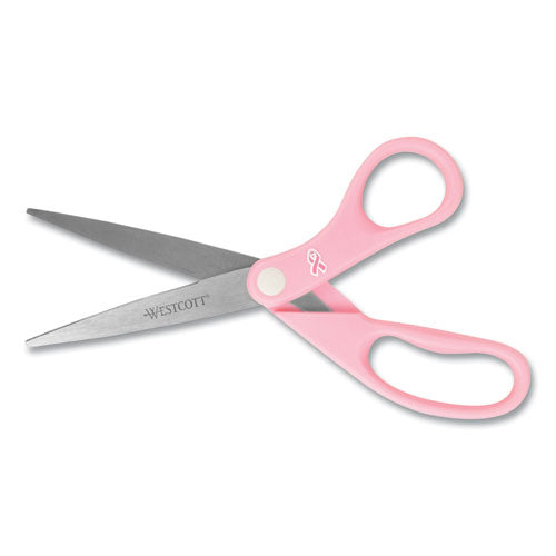 All Purpose Pink Ribbon Scissors, 8" Long, 3.5" Cut Length, Pink Straight Handle