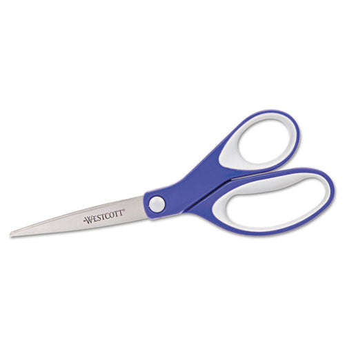 Kleenearth Soft Handle Scissors, Pointed Tip, 7" Long, 2.25" Cut Length, Blue/gray Straight Handle