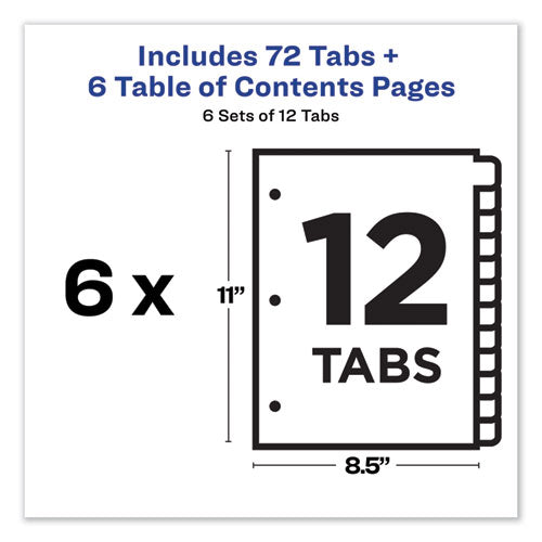 Customizable Toc Ready Index Multicolor Tab Dividers, 12-tab, 1 To 12, 11 X 8.5, White, Traditional Color Tabs, 6 Sets