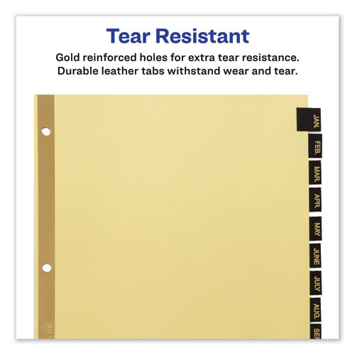 Preprinted Black Leather Tab Dividers W/gold Reinforced Edge, 12-tab, Jan. To Dec., 11 X 8.5, Buff, 1 Set