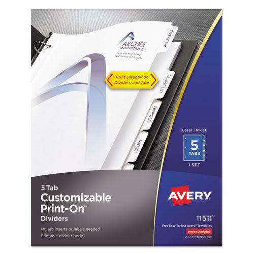 Customizable Print-on Dividers, Unpunched, 5-tab, 11 X 8.5, White, 5 Sets