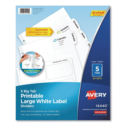 Big Tab Printable Large White Label Tab Dividers, 5-tab, 11 X 8.5, White, 20 Sets