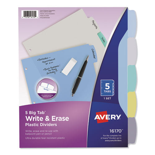 Write And Erase Big Tab Durable Plastic Dividers, Expandable Pocket, 3-hole Punched, 5-tab, 11 X 8.5, Assorted, 1 Set