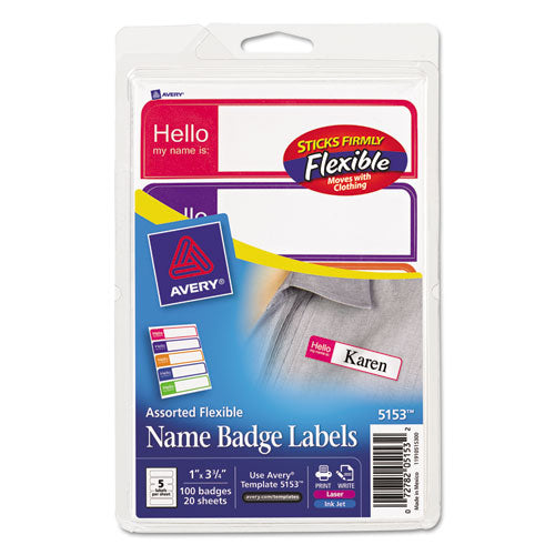 Flexible Self-adhesive Mini Name Badge Labels, 1 X 3.75, Hello, Assorted, 100/pack