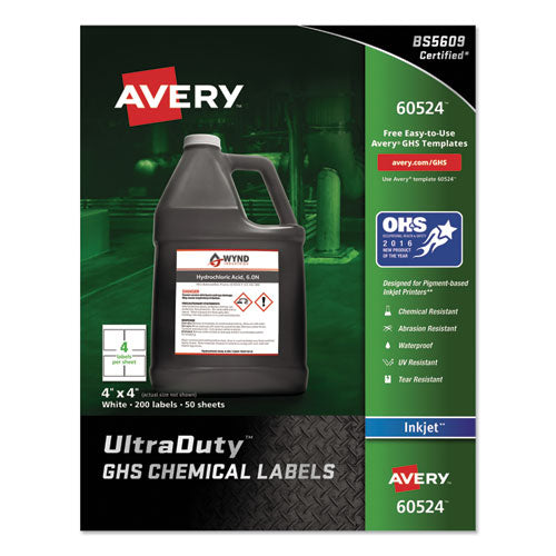 Ultraduty Ghs Chemical Waterproof And Uv Resistant Labels, 4 X 4, White, 4/sheet, 50 Sheets/box