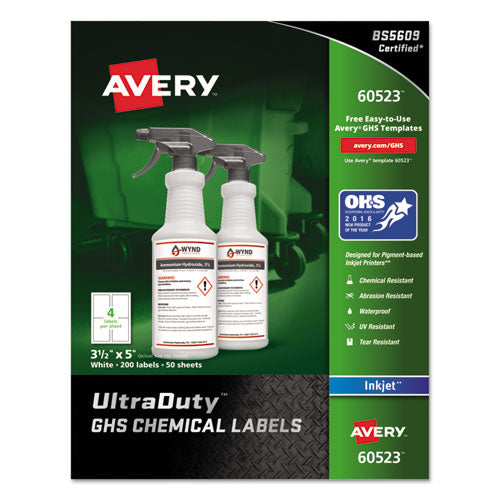 Ultraduty Ghs Chemical Waterproof And Uv Resistant Labels, 4 X 4, White, 4/sheet, 50 Sheets/pack