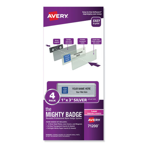 The Mighty Badge Name Badge Holder Kit, Horizontal, 3 X 1, Inkjet, Gold, 10 Holders/ 80 Inserts