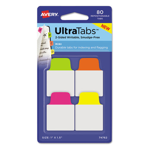 Ultra Tabs Repositionable Tabs, Mini Tabs: 1" X 1.5", 1/5-cut, Assorted Neon Colors, 80/pack