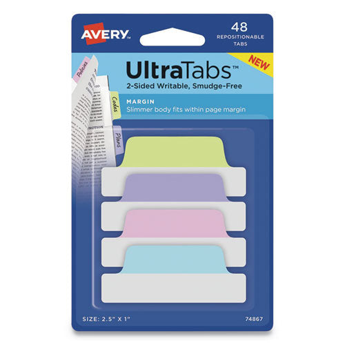 Ultra Tabs Repositionable Tabs, Margin Tabs: 2.5" X 1", 1/5-cut, Assorted Neon Colors, 48/pack
