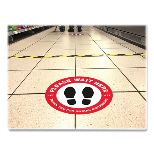 Social Distancing Floor Decals, 10.5" Dia, Please Wait Here, Red/white Face, Black Graphics, 5/pack