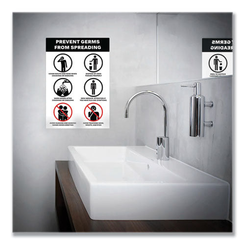 Preprinted Surface Safe Wall Decals, 7 X 10, Prevent Germs From Spreading, White/black Face, Black Graphics, 5/pack