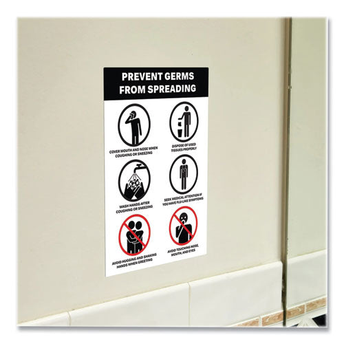 Preprinted Surface Safe Wall Decals, 7 X 10, Prevent Germs From Spreading, White/black Face, Black Graphics, 5/pack