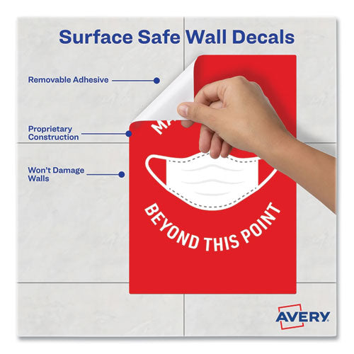 Preprinted Surface Safe Wall Decals, 7 X 10, Mask Required Beyond This Point, Red Face, White Graphics, 5/pack