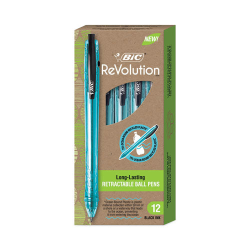 Revolution Ocean Bound Ballpoint Pen, Retractable, Medium 1 Mm, Black Ink/translucent Blue Barrel, Dozen