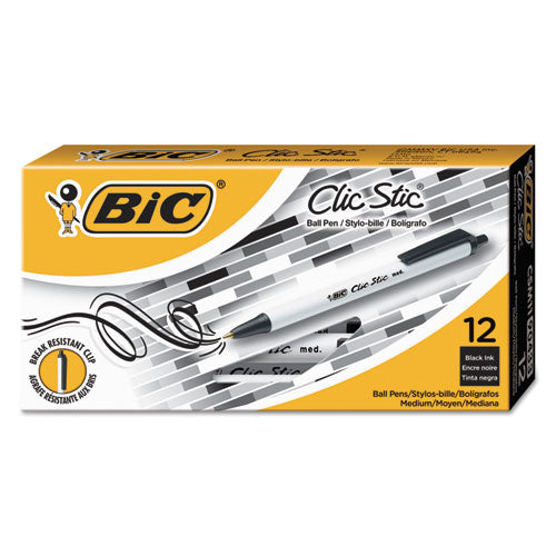 Clic Stic Ballpoint Pen, Retractable, Medium 1 Mm, Black Ink, White Barrel, Dozen