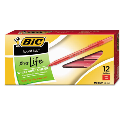 Round Stic Xtra Life Ballpoint Pen, Stick, Medium 1 Mm, Red Ink, Translucent Red Barrel, Dozen