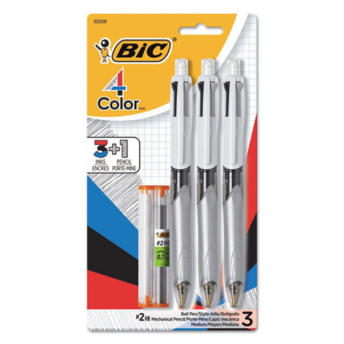 4-color 3 + 1 Multi-color Ballpoint Pen/pencil, Retractable, 1 Mm Pen/0.7 Mm Pencil, Black/blue/red Ink, Gray/white Barrel