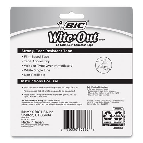 Wite-out Ez Correct Correction Tape, Non-refillable, Blue/orange Applicators, 0.17" X 472", 2/pack