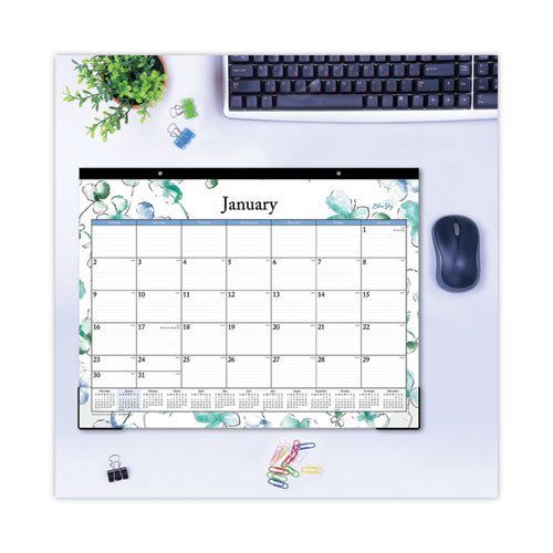 Lindley Desk Pad, Floral Artwork, 22 X 17, White/blue/green Sheets, Black Binding, Clear Corners, 12-month (jan-dec): 2024