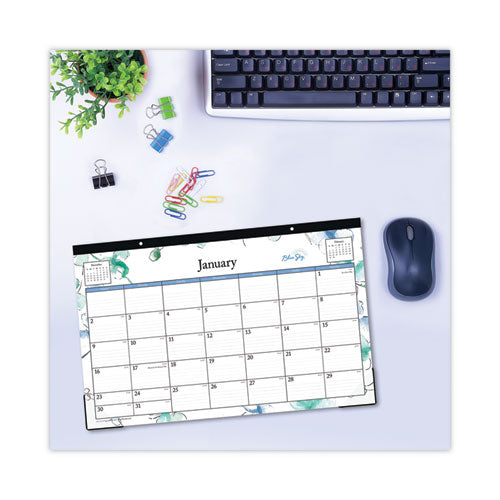 Lindley Desk Pad, Floral Artwork, 17 X 11, White/blue/green Sheets, Black Binding, Clear Corners, 12-month (jan-dec): 2024