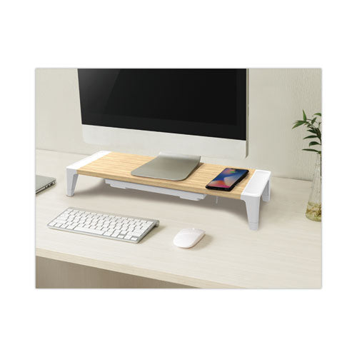 Wooden Monitor Stand With Wireless Charging Pad, 9.8" X 26.77" X 4.13", White