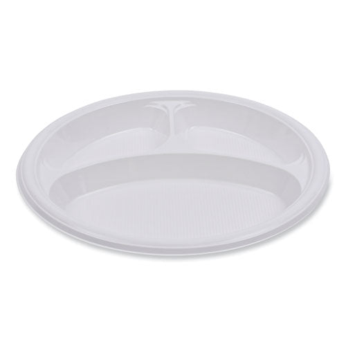 Hi-impact Plastic Dinnerware, Plate, 3-compartment, 10" Dia, White, 500/carton