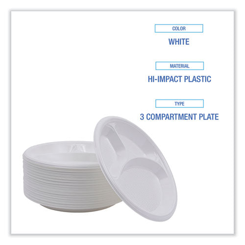 Hi-impact Plastic Dinnerware, Plate, 3-compartment, 10" Dia, White, 500/carton