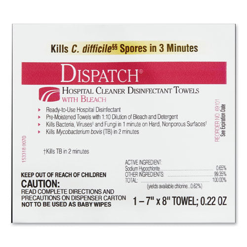 Dispatch Cleaner Disinfectant Towels, 1-ply, 6.75 X 8, Unscented, White, 150/canister, 8 Canisters/carton