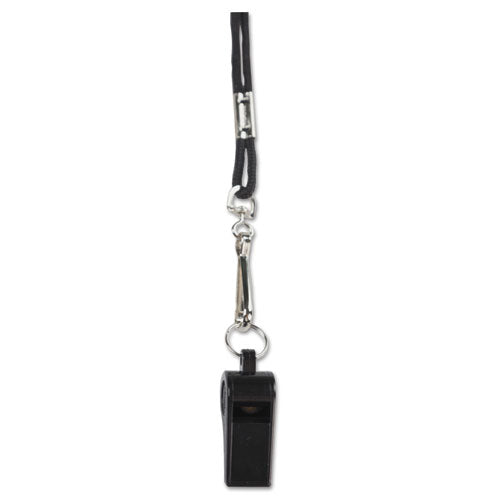 Sports Whistle With Black Nylon Lanyard, Plastic, Black, Dozen