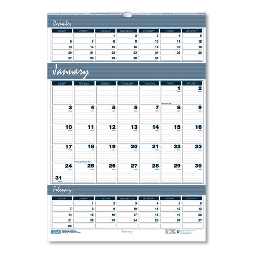 Bar Harbor Recycled Wirebound 3-months-per-page Wall Calendar, 12 X 17, White/blue/gray Sheets, 14-month (dec-jan): 2022-2024