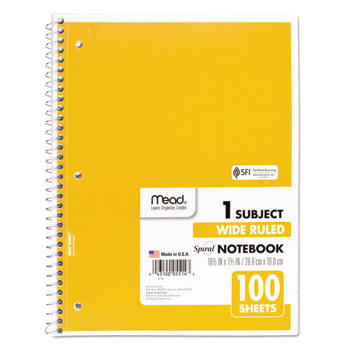 Spiral Notebook, 3-hole Punched, 1-subject, Wide/legal Rule, Randomly Assorted Cover Color, (100) 10.5 X 7.5 Sheets