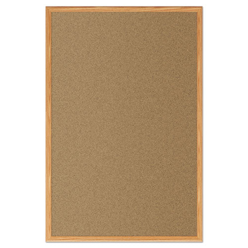 Economy Cork Board With Oak Frame, 48 X 36, Natural Surface, Oak Fiberboard Frame