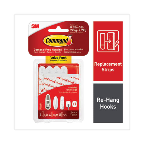 Assorted Refill Strips, Removable, (8) Small 0.75 X 1.75, (4) Medium 0.75 X 2.75, (4) Large 0.75 X 3.75, White, 16/pack