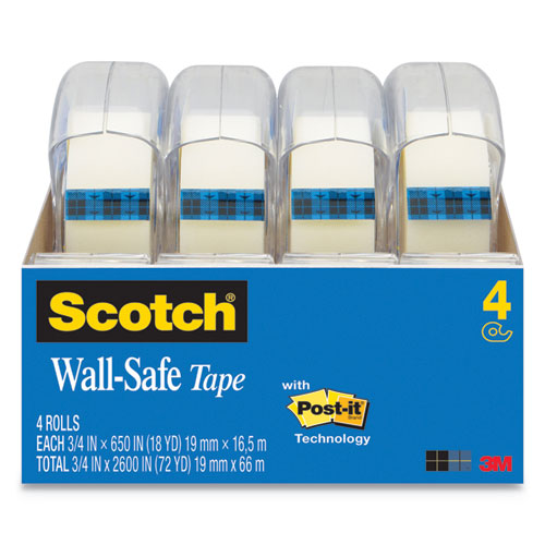 Wall-safe Tape With Dispenser, 1" Core, 0.75" X 50 Ft, Clear, 2/pack