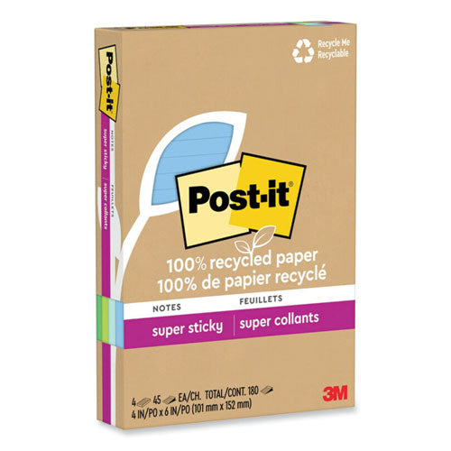 100% Recycled Paper Super Sticky Notes, Ruled, 4" X 6", Oasis, 45 Sheets/pad, 4 Pads/pack