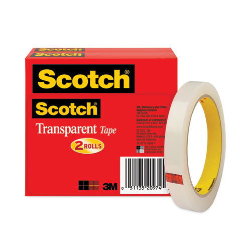 Transparent Tape, 3" Core, 0.5" X 72 Yds, Transparent, 2/pack