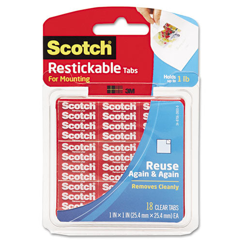 Restickable Mounting Tabs, Removable, Holds Up To 1 Lb, 1 X 3, Clear, 6/pack