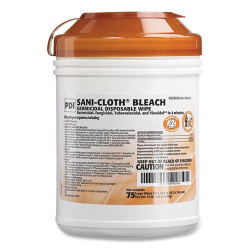 Sani-cloth Bleach Germicidal Disposable Wipes, Deep-well Lid Canister, 10.5 X 6, 75/canister