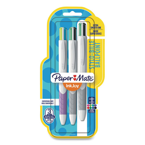 Inkjoy Quatro Multi-function Ballpoint Pen, Retractable, Medium 1mm, Assorted Business/fashion Ink Colors, White Barrel, 3/pk