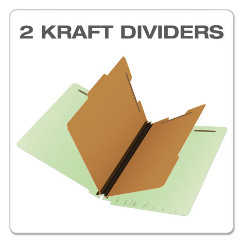 End Tab Classification Folders, 2.5" Expansion, 2 Dividers, 6 Fasteners, Letter Size, Pale Green Exterior, 10/box