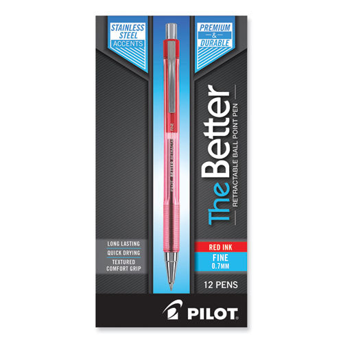 Better Ballpoint Pen, Retractable, Fine 0.7 Mm, Red Ink, Translucent Red Barrel, Dozen