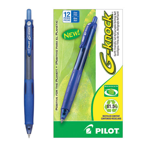 G-knock Begreen Gel Pen, Retractable, Fine 0.7 Mm, Blue Ink, Blue Barrel, Dozen