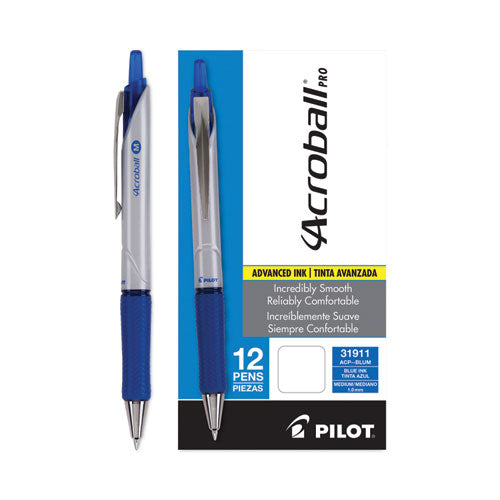 Acroball Pro Advanced Ink Ballpoint Pen, Retractable, Medium 1 Mm, Blue Ink, Silver Barrel, Dozen