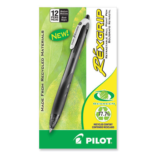 Rexgrip Begreen Ballpoint Pen, Retractable, Medium 1 Mm, Black Ink, Black Barrel, Dozen