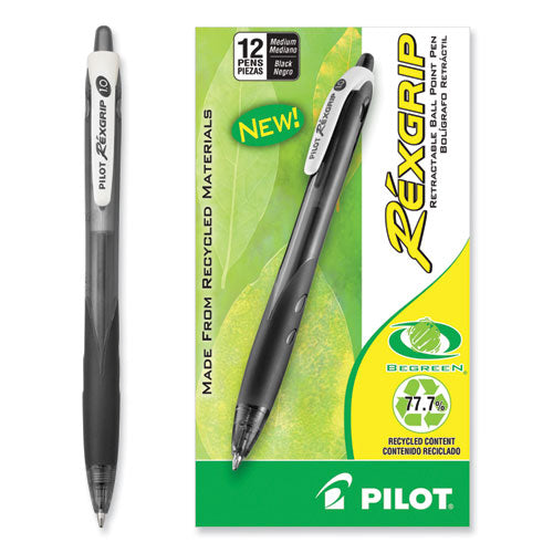 Rexgrip Begreen Ballpoint Pen, Retractable, Medium 1 Mm, Black Ink, Black Barrel, Dozen