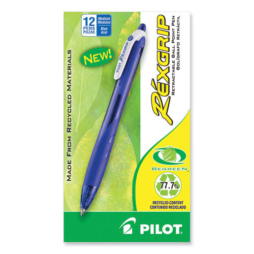 Rexgrip Begreen Ballpoint Pen, Retractable, Medium 1 Mm, Blue Ink, Blue Barrel, Dozen