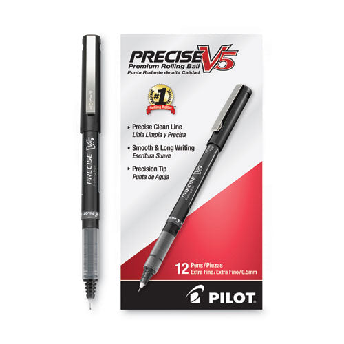 Precise V5 Roller Ball Pen, Stick, Extra-fine 0.5 Mm, Black Ink, Black Barrel, Dozen